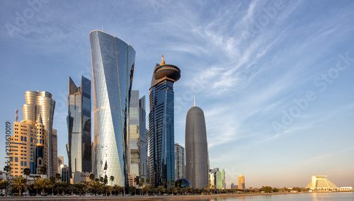 DOHA, QATAR - 31 January 2016: Skyscrapers in the Dafna district of Doha t sunset, with the Sheraton hotel on the right,