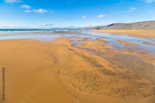 Wide Raudisandur beach landscape with sand, Iceland