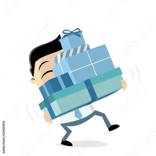 funny cartoon man is carrying gift boxes