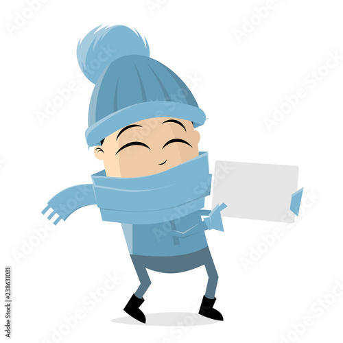 funny cartoon man in winter clothes holding empty sign
