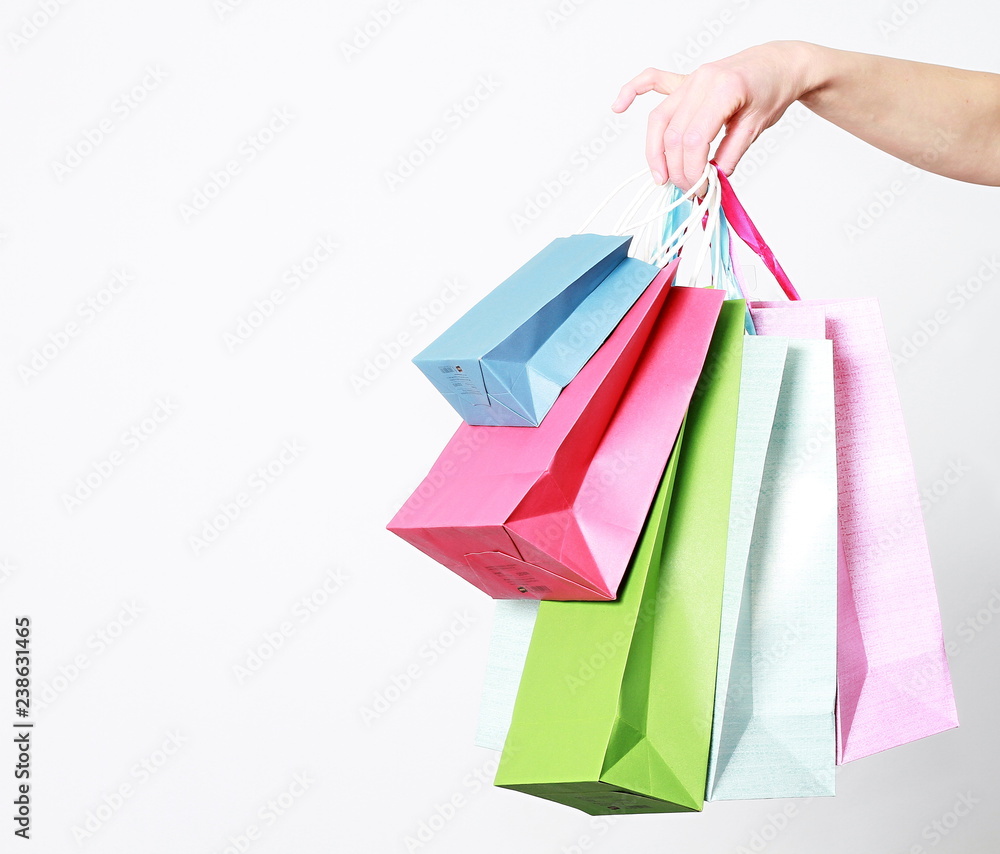 image of gift bags with hand with white background