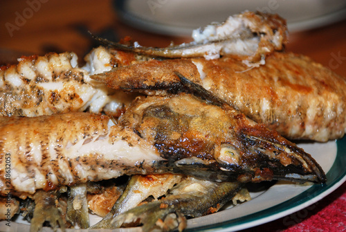 Grilled fish lying on a white plate