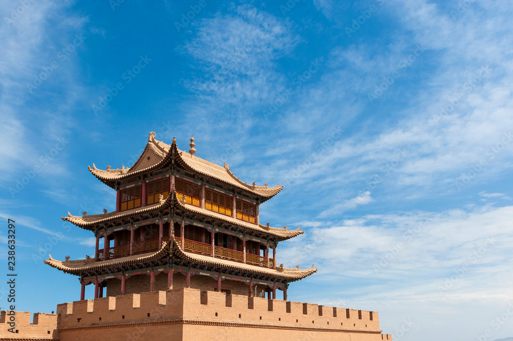 Detail of a tower of the Jiayuguan fort near the city of Jiayuguan in the Gansu Province, China Detail of a tower of the Jiayuguan fort near the city of Jiayuguan in the Gansu Province, China