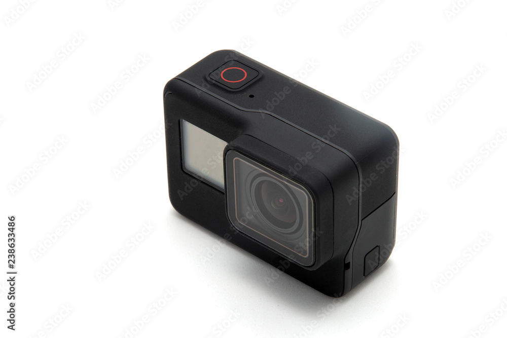New 4K action camera in black color. Isolated white background New 4K action camera in black color. Isolated white background