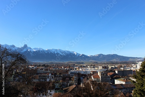 View of snowy mountains in winter at Thun. Thun is a town in the canton of Bern in Switzerland.