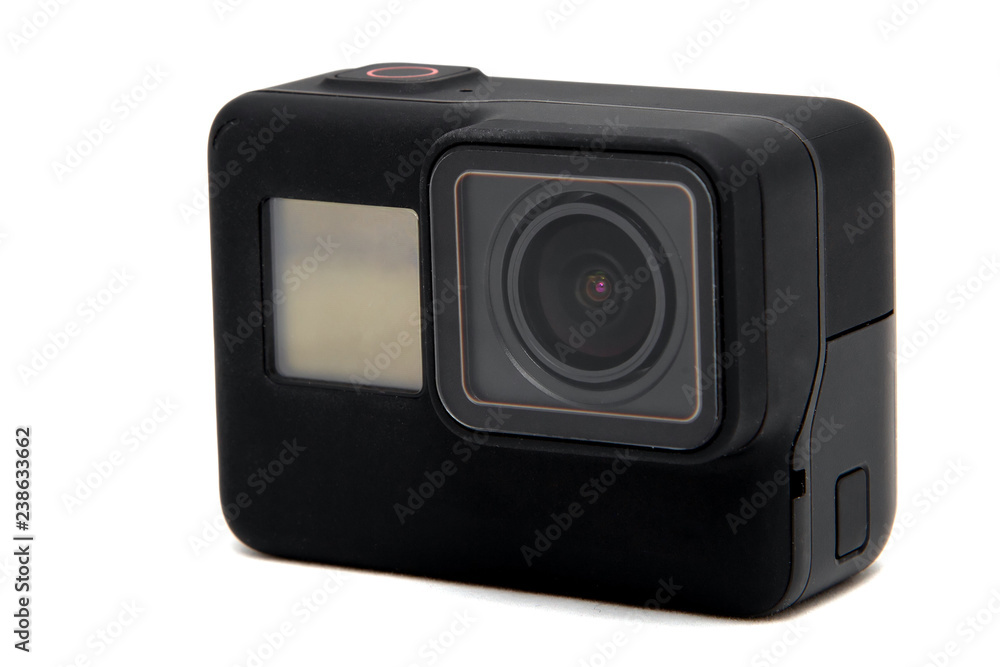 New 4K action camera in black color. Isolated white background New 4K action camera in black color. Isolated white background
