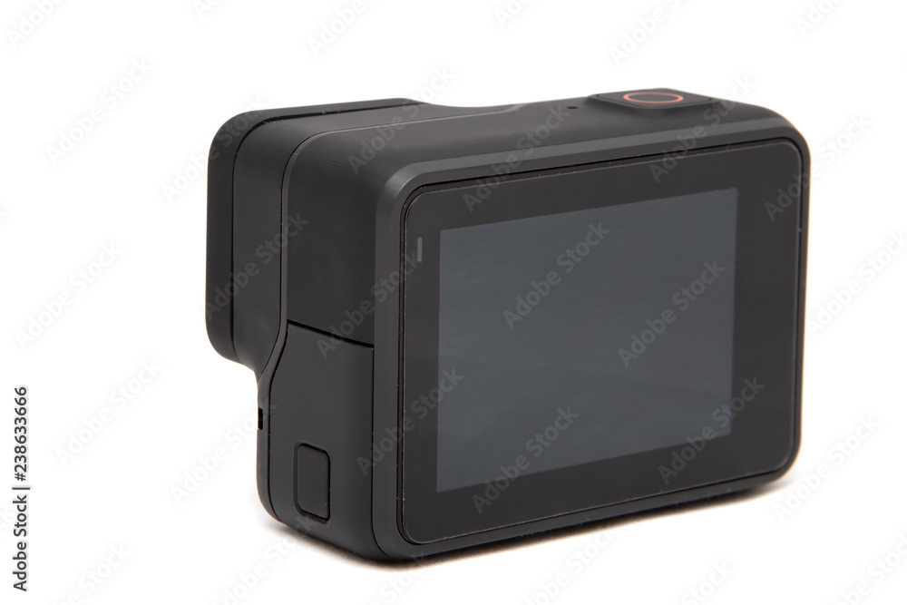 New 4K action camera in black color. Isolated white background New 4K action camera in black color. Isolated white background