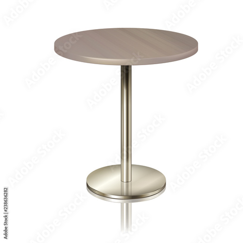 Round table on a chrome metal stand  without a tablecloth. Furniture for a restaurant  cafe  diner and exhibition isolated. furniture for public place interior  vector illustration
