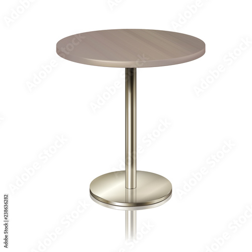 Round table on a chrome metal stand, without a tablecloth. Furniture for a restaurant, cafe, diner and exhibition isolated. furniture for public place interior, vector illustration