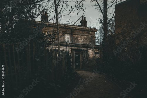 A photo of a dark scary looking haunted house in a graveyard © Piranhi