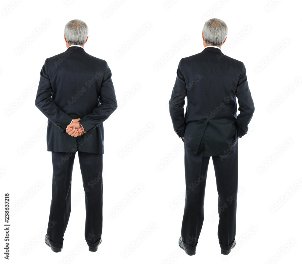 Two images of the same middle aged businessman seen from behind - obrazy, fototapety, plakaty 