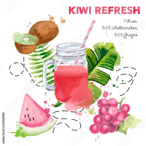 Recipe of smoothie with fruit. Vector illustration for greeting cards, magazine, cafe and restaurant menu. 