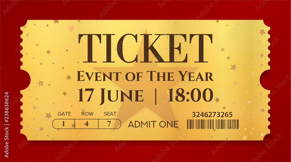 Admission golden ticket template. Vector mockup movie ticket (tear-off ...