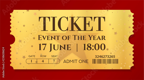 Admission golden ticket template. Vector mockup movie ticket (tear-off) with star gold background. Useful for any festival, party, concert, cinema, birthday event, entertainment show