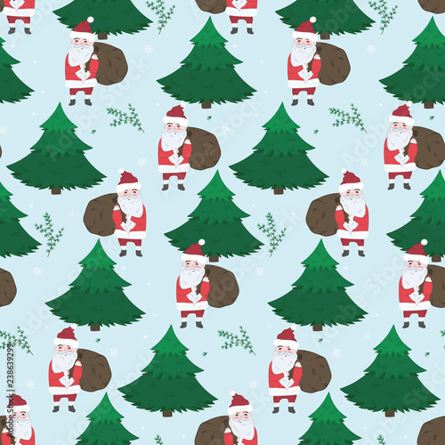 Cute Christmas seamless pattern with doodle Santa Claus with gifts in fir forest. Winter texture with branches and snowflakes for textile, wrapping paper, wallpaper, new year decor