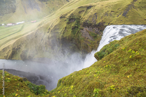 View on Skogafoss waterfall from above, ring road, Iceland