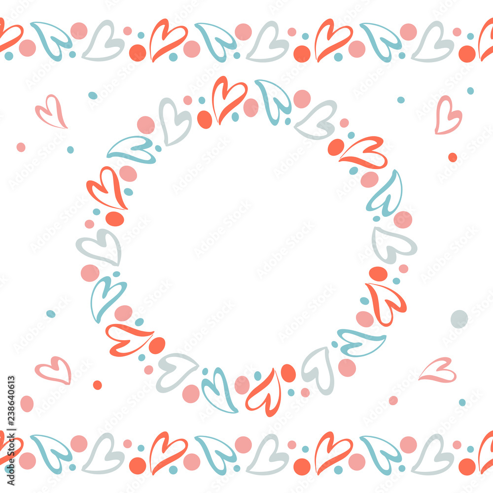 Romantic wreath and endless horizontal borders with hand drawn hearts of living coral color. Template for Saint Valentine Day, wedding invitations, hen-party, birthday, greeting cards, poster. Vector.