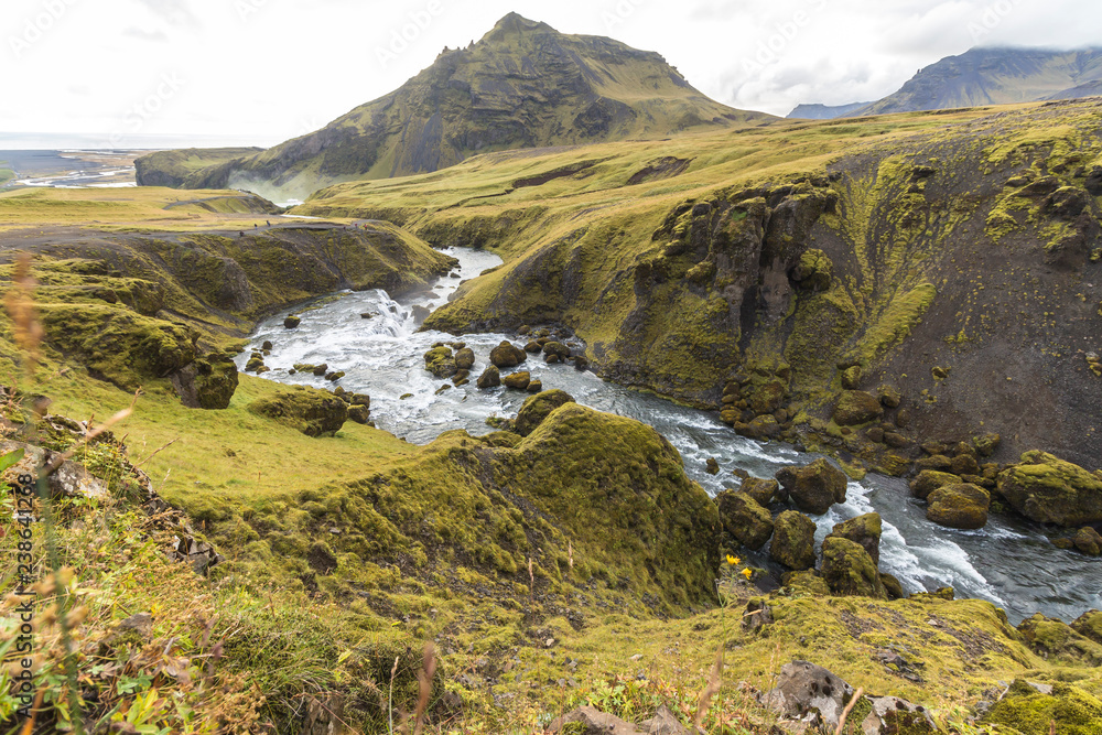 Fototapeta premium Landscape above Skogafoss waterfall, moss, scenic, Iceland