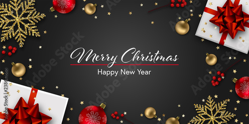 Christmas background. Winter holiday greeting card with Christmas balls, gift boxes, shine snowflakes, red berries and golden glitter. Realistic holiday decorations. Vector illustration