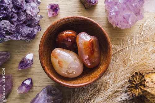 Teak Bowl of Carnelian with Amethyst Crystals and Dried Poppy Flower