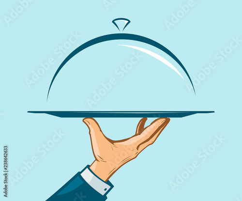 Waiter's hand is holding a tray, cloche. Menu, restaurant, service concept. Vector illustration