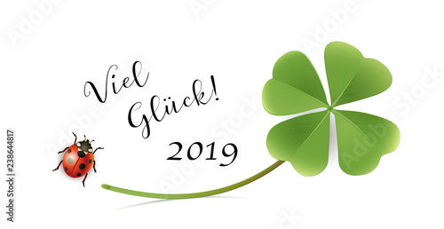 Viel Glück Karte mit Kleeblatt und Marienkäfer, Glückwunschkarte, Silvester Karte, Neues Jahr 2019, Vektor Illustration isoliert auf weißem Hintergrund