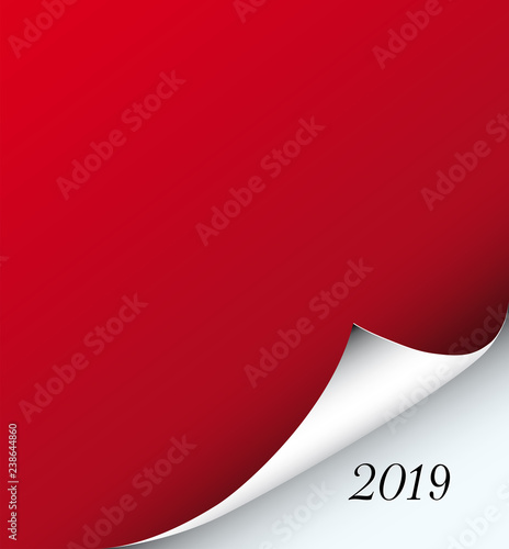 Rotes Papierblat mit Eselsohr und das Jahr 2019, Vektor Illustration