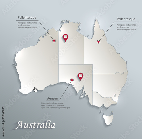 Australia map blue white separate individual states card paper 3D vector