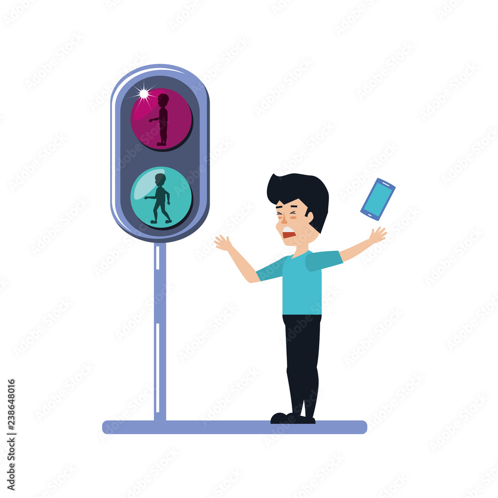 man with smartphone and traffic light man with smartphone and traffic light