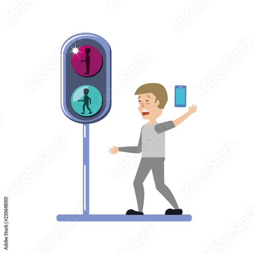 man with smartphone and traffic light