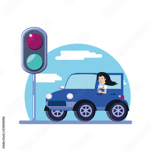 woman driving cart with traffic light