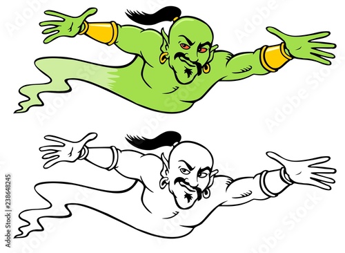 Magical Djinn flying through the air, with bonus black outline version