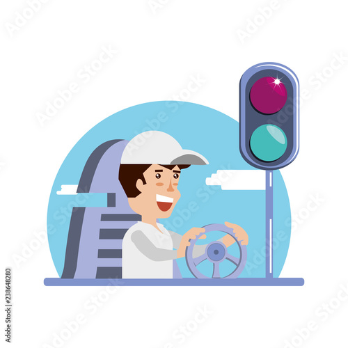 man driving cart with traffic light