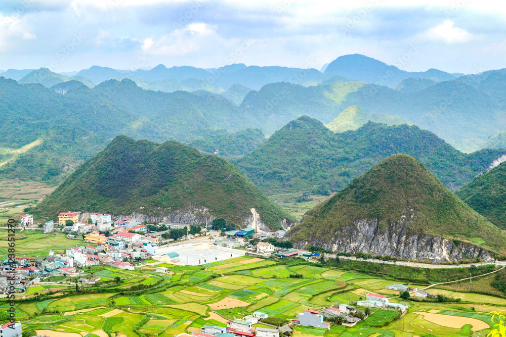 Bac Son valley Surround with Rice field in harvest time, Lang Son province, Vietnam
