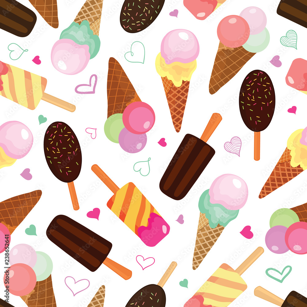 Set of ice creams seamless pattern. Great for yummy summer dessert wallpaper, backgrounds, packaging, fabric, scrapbooking, and giftwrap projects. Surface pattern design. Set of ice creams seamless pattern. Great for yummy summer dessert wallpaper, backgrounds, packaging, fabric, scrapbooking, and giftwrap projects. Surface pattern design.