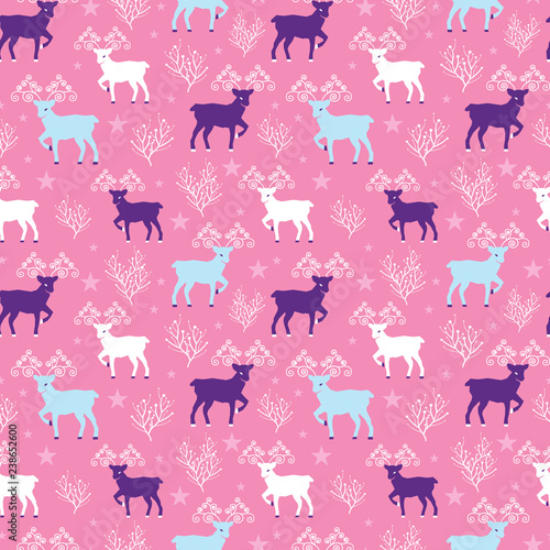 Pink winter reindeer folk vector seamless pattern. Great for winter holidays ...