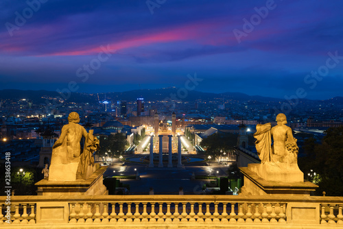 View of Barcelona, Spain. Plaza de Espana at evening with twilight sky in Barcelona, Spain.