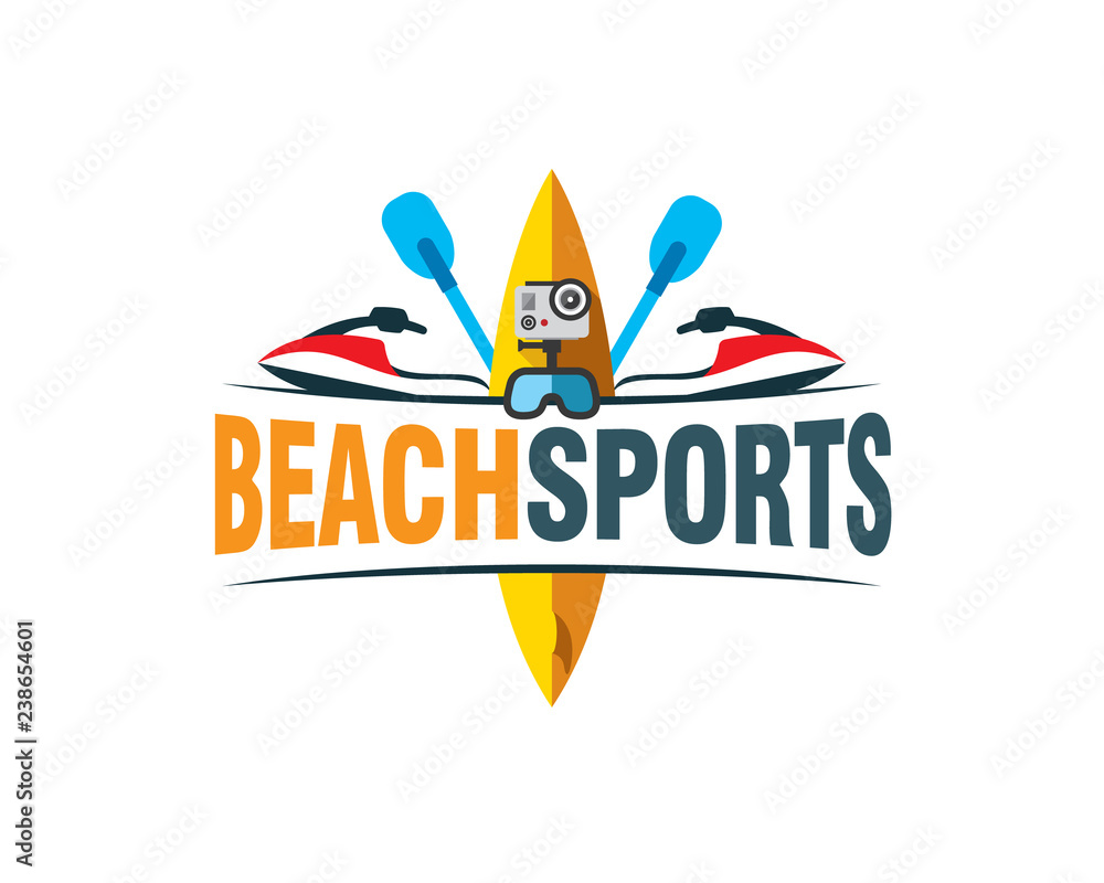 beach sports vintage logo with surfboard speedboat paddle snorkell and action cam