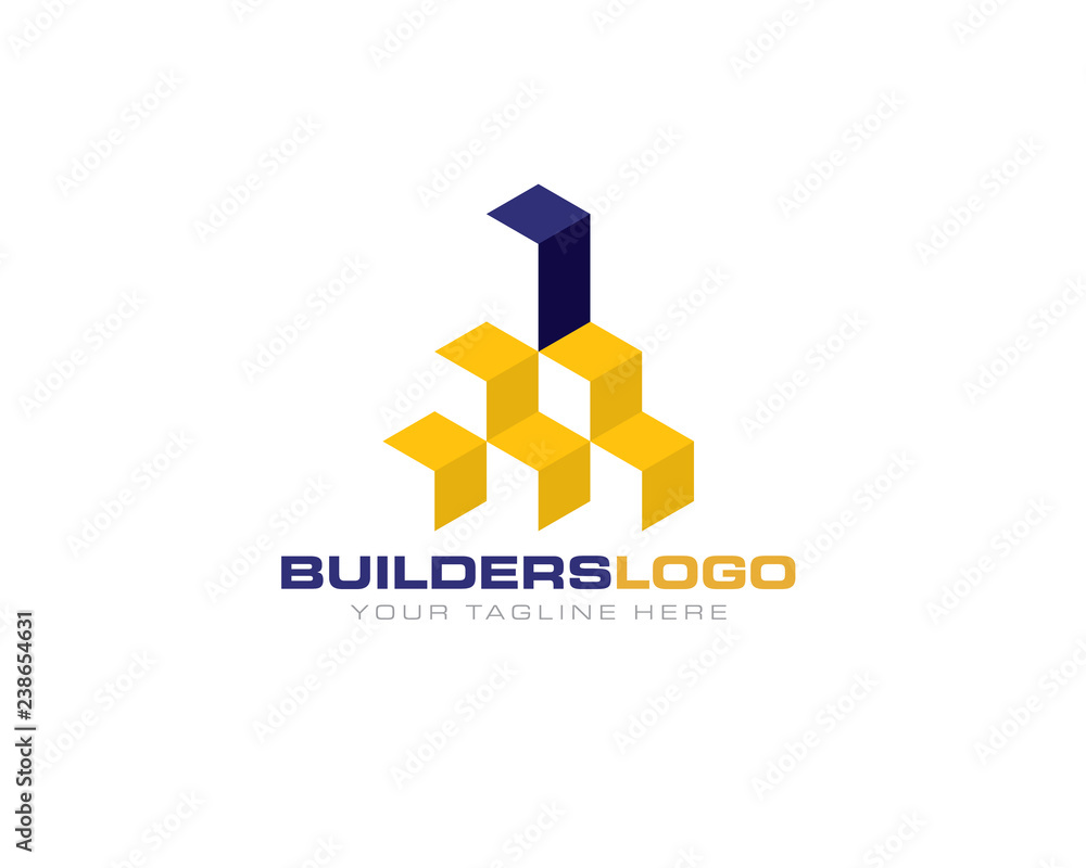 3D abstract blocks cube as building structure architecture skyscraper highrise logo template