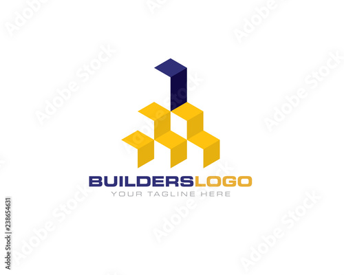 3D abstract blocks cube as building structure architecture skyscraper highrise logo template
