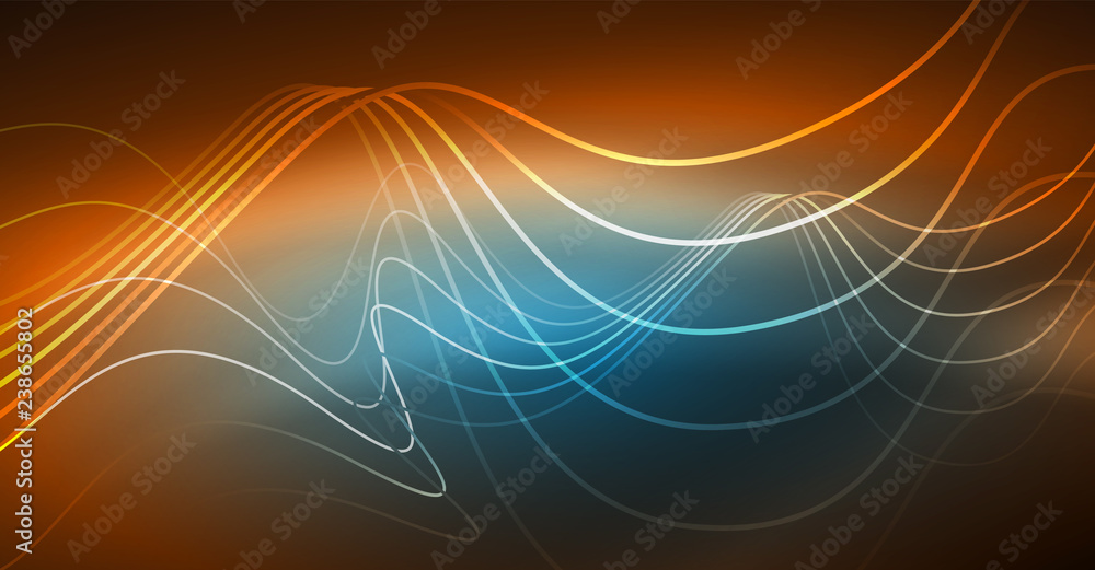 Abstract shiny glowinng color wave design element on dark background - science or technology concept Abstract shiny glowinng color wave design element on dark background - science or technology concept