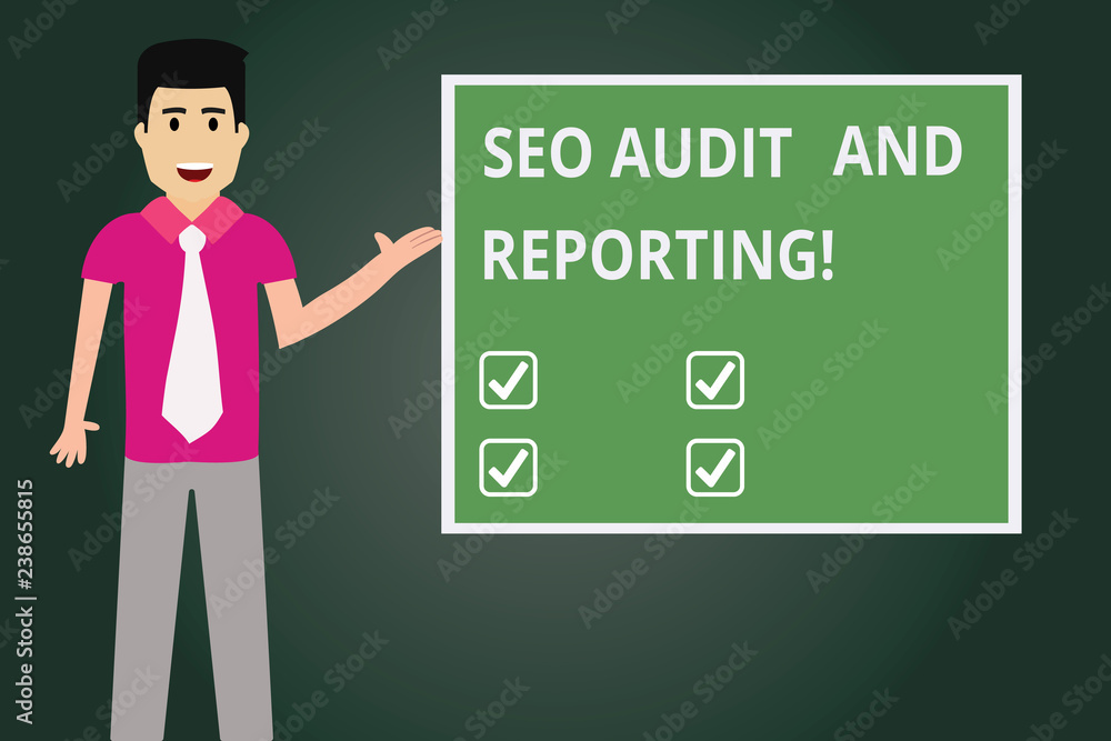 Text sign showing Seo Audit And Reporting. Conceptual photo Search Engine Optimization review feedback Man with Tie Standing Talking Presenting Blank Color Square Board photo Text sign showing Seo Audit And Reporting. Conceptual photo Search Engine Optimization review feedback Man with Tie Standing Talking Presenting Blank Color Square Board photo