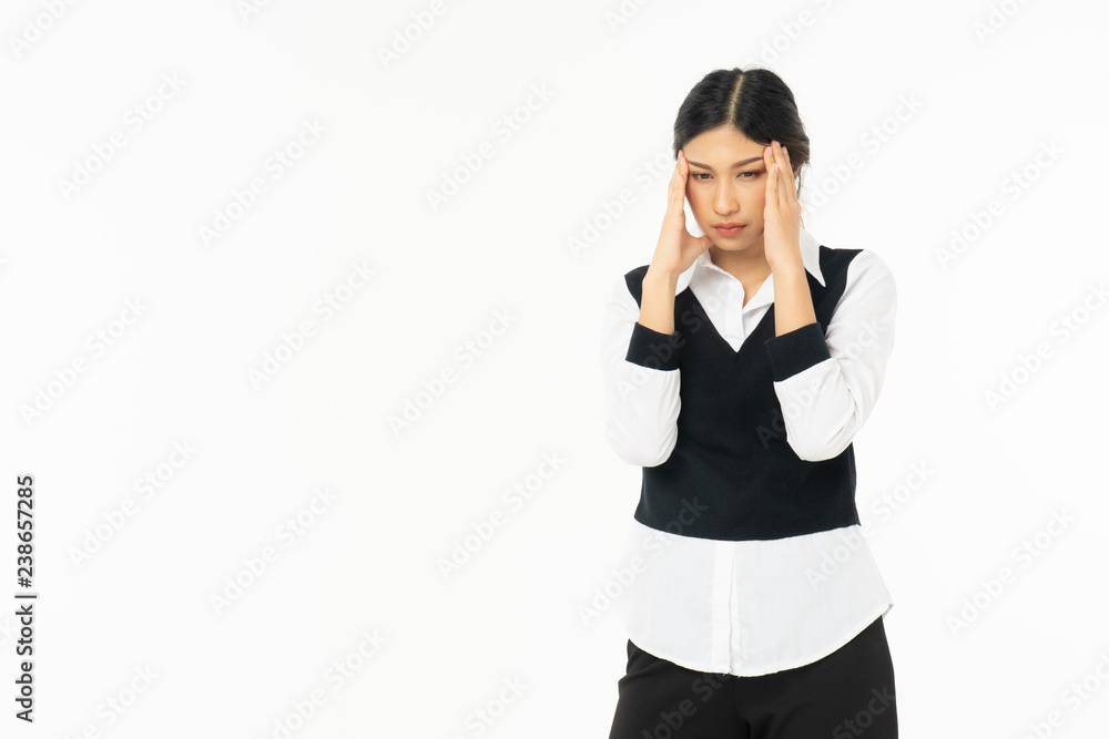 Business asian woman isolated on white. Young beautiful arab woman over isolated background .Unhappy stress serious woman. Business asian woman isolated on white. Young beautiful arab woman over isolated background .Unhappy stress serious woman.