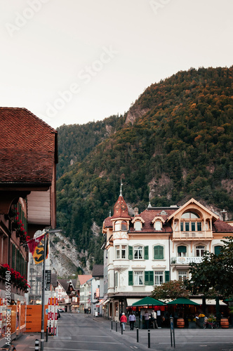 Evening street scene and old buildings in old town Interlaken, Switzerland