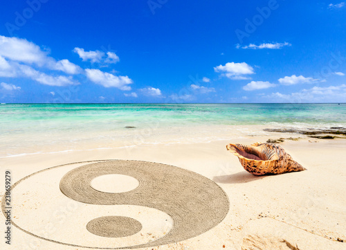 coquillage et symbole yin yang sur plage de l'île Maurice  © Unclesam