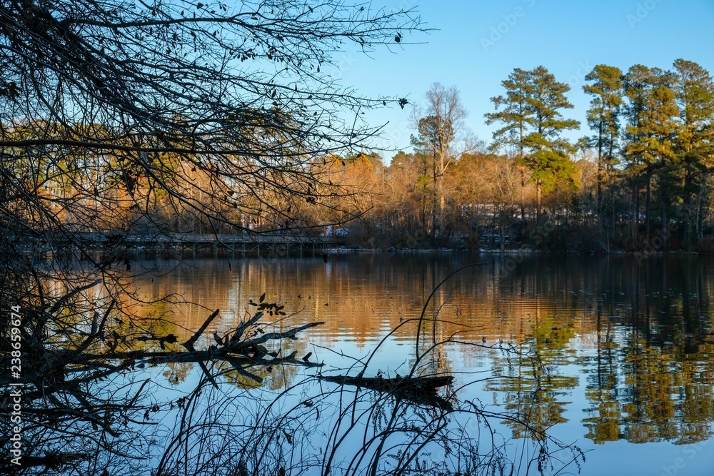 Obraz premium The late sunshine falls upon the treetops across the pond with mirror reflections on the still surface and patchy remnants of snow on the ground at Yates Mill County Park in Raleigh North Carolina.