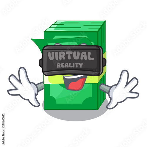 Virtual reality stacks money dollar on bank character