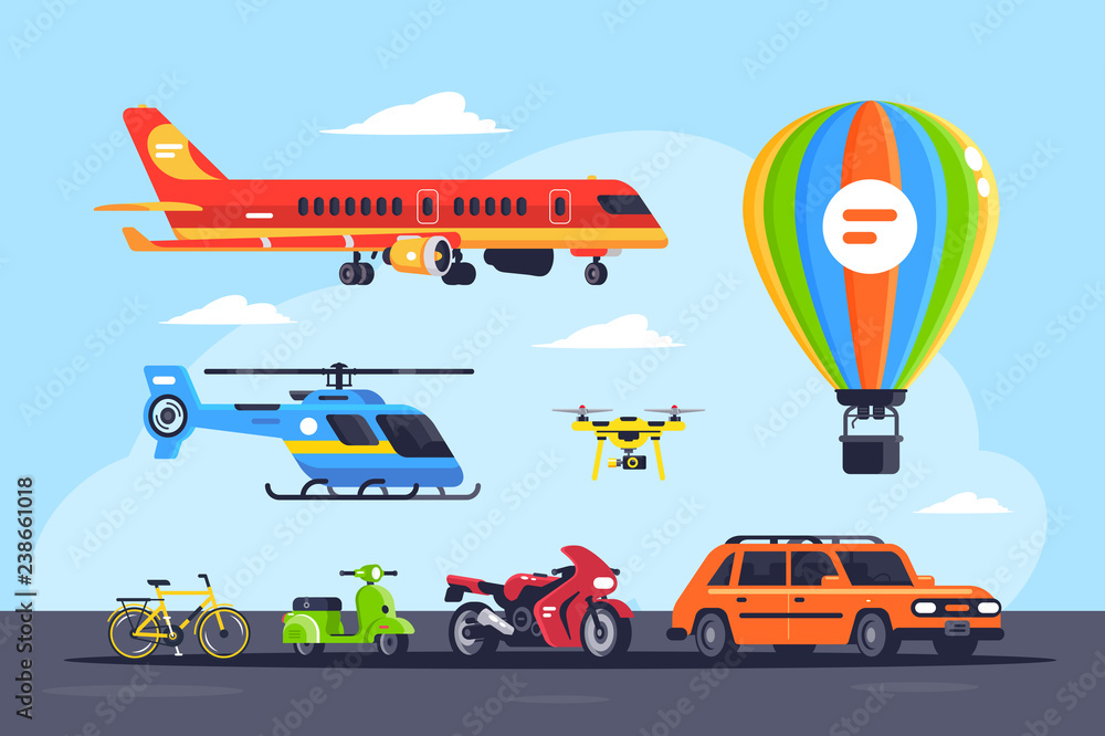 Set mode of transport with car, balloon, motorcycle, plane, helicopter, quadcopter, bicycle or bike.