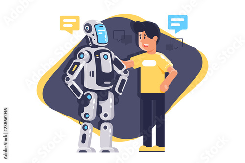 Flat young man talking to robot with speech bubble, robot and people.