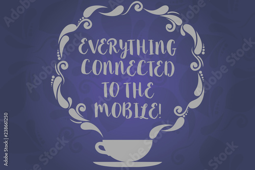 Conceptual hand writing showing Everything Connected To The Mobile. Business photo text Online communications all in your device Cup and Saucer with Paisley Design on Blank Watermarked Space